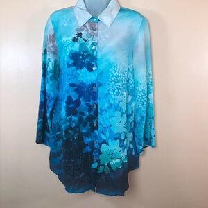 Soft Surroundings Blue Watercolor Floral Silk Button Down Blouse Women S